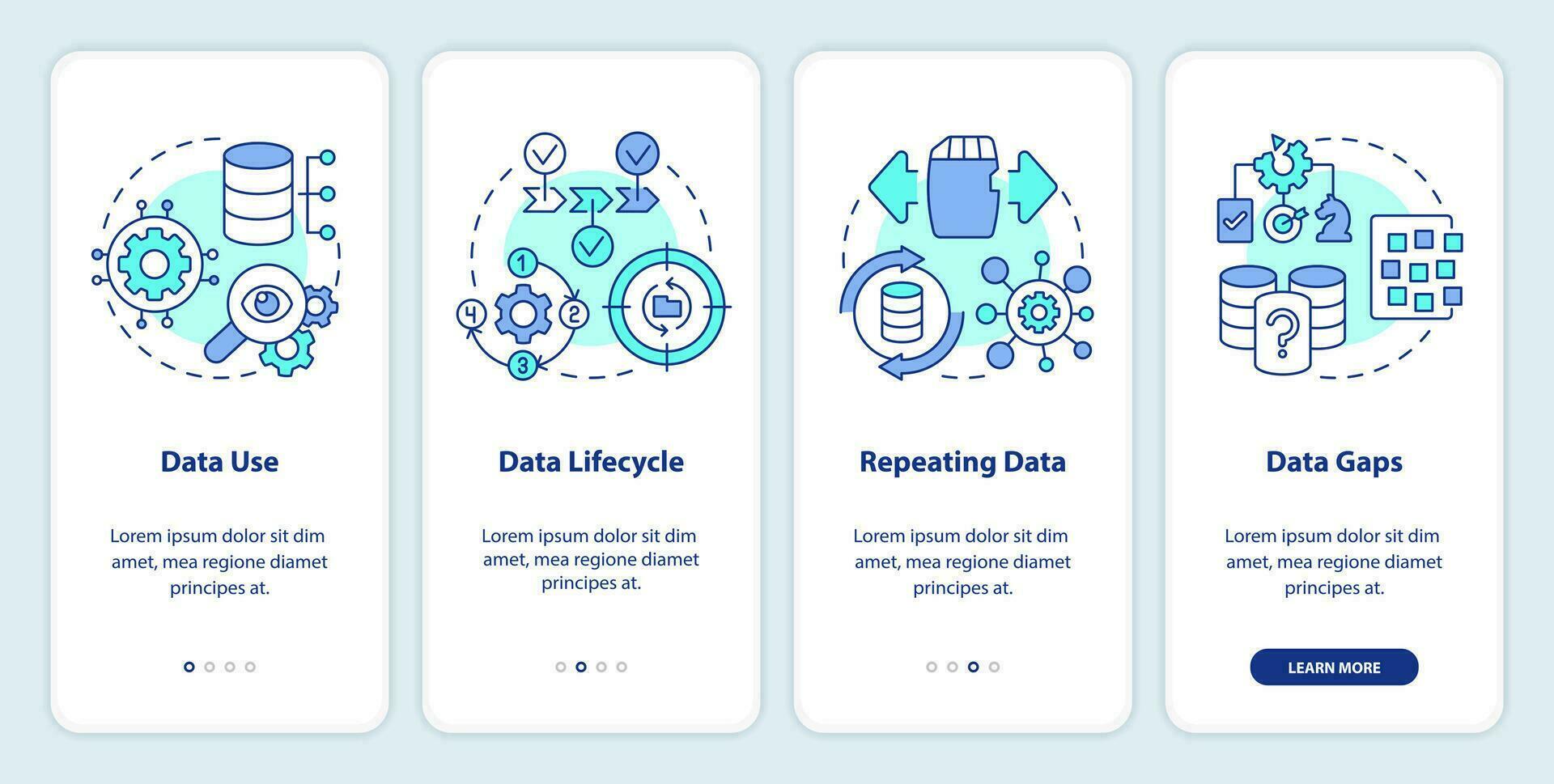 data förvaltning strategi onboarding mobil app skärm. reglera genomgång 4 steg redigerbar grafisk instruktioner med linjär begrepp. ui, ux, gui mallar vektor