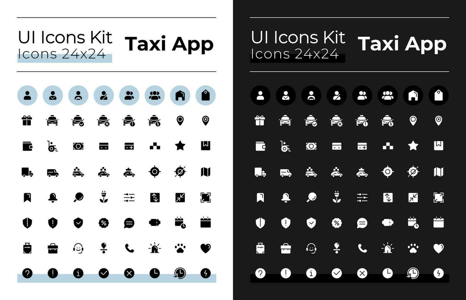 taxi service glyf ui ikoner uppsättning för mörk, ljus läge. urban transport. silhuett symboler för natt, dag teman. fast piktogram. vektor isolerat illustrationer