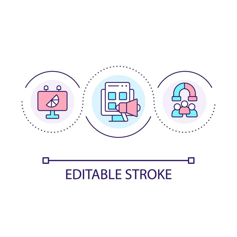 mång kanal reklam kampanjer slinga begrepp ikon. marknadsföring strategi till locka till sig ny kunder abstrakt aning tunn linje illustration. isolerat översikt teckning. redigerbar stroke vektor