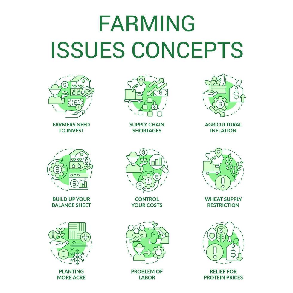 jordbruk nackdelar begrepp ikoner uppsättning. lantbruk problem. problem jordbrukare ansikte aning tunn linje Färg illustrationer. isolerat symboler. redigerbar stroke vektor