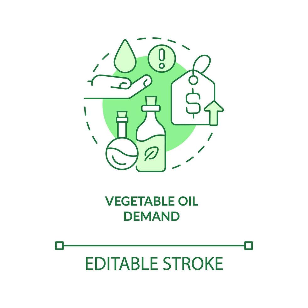 vegetabiliska olja efterfrågan grön begrepp ikon. bruka produktion konsumtion. mat priser abstrakt aning tunn linje illustration. isolerat översikt teckning. redigerbar stroke vektor