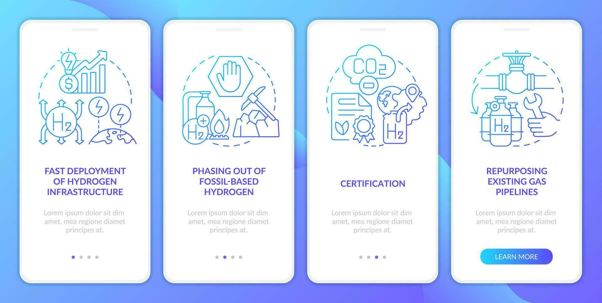 implementieren h2 Wirtschaft Blau Gradient Onboarding Handy, Mobiltelefon App Bildschirm. Öko Treibstoff Komplettlösung 4 Schritte Grafik Anleitung mit linear Konzepte. ui, ux, gui Vorlage vektor