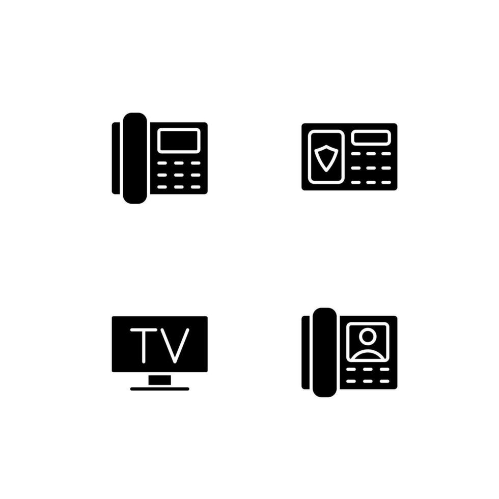 Hem apparater svart glyf ikoner uppsättning på vit Plats. säkerhet systemet. TV sändning. telefoni. dörr telefon. silhuett symboler. fast piktogram packa. vektor isolerat illustration