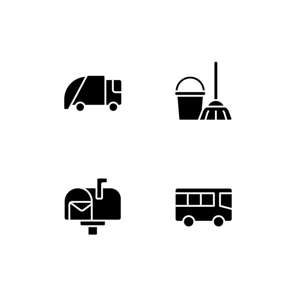 Öffentlichkeit Dienstleistungen schwarz Glyphe Symbole einstellen auf Weiß Raum. Abfall Sammlung und Entsorgung. Zuhause Reinigung. Transport. Post. Silhouette Symbole. solide Piktogramm Pack. Vektor isoliert Illustration