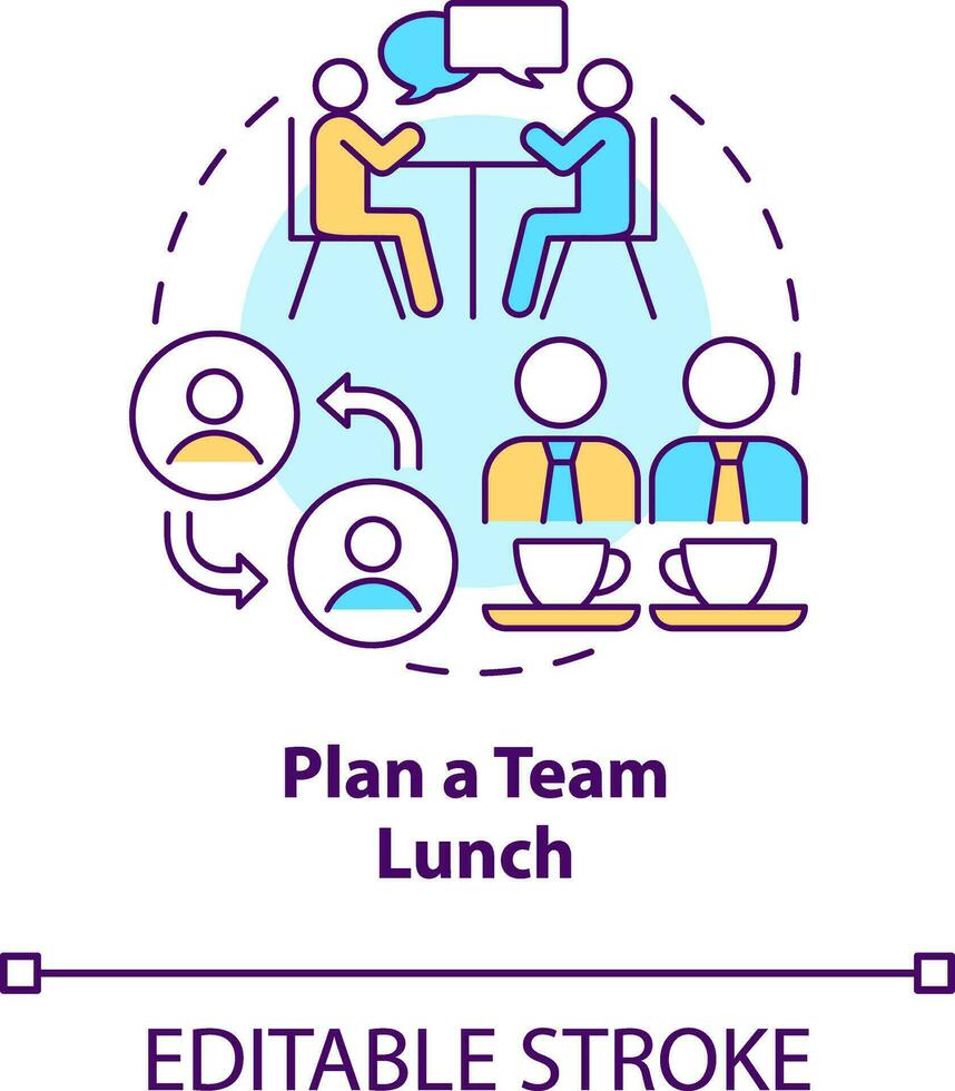 planen Mannschaft Mittagessen Konzept Symbol. Kommunikation. Entwicklung Onboarding Prozess abstrakt Idee dünn Linie Illustration. isoliert Gliederung Zeichnung. editierbar Schlaganfall vektor