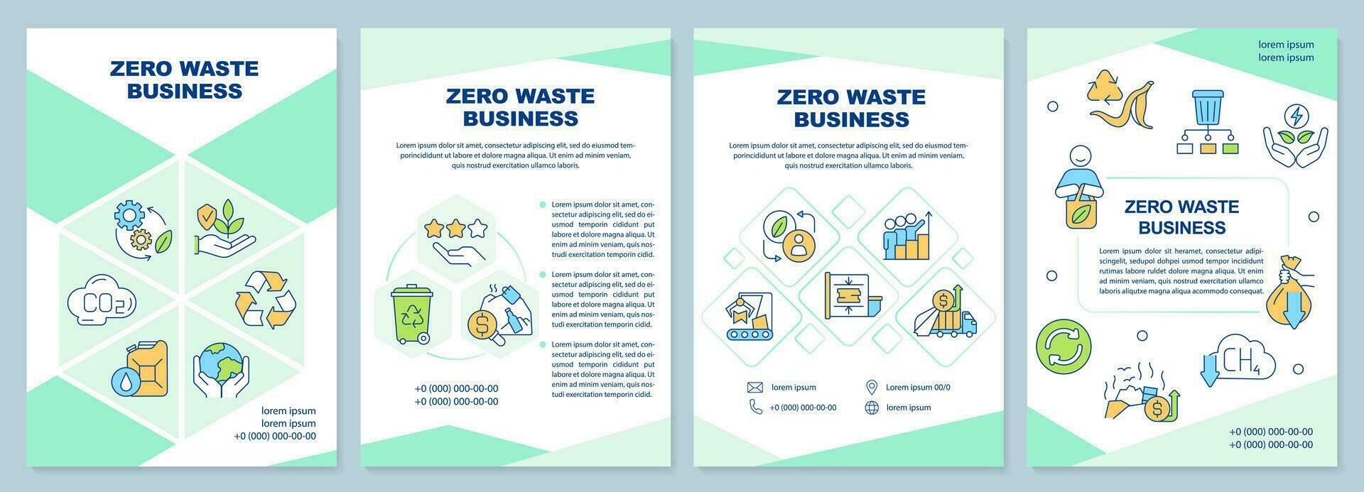 Null Abfall Geschäft Minze Broschüre Vorlage. Nachhaltigkeit. Flugblatt Design mit linear Symbole. editierbar 4 Vektor Layouts zum Präsentation, jährlich Berichte