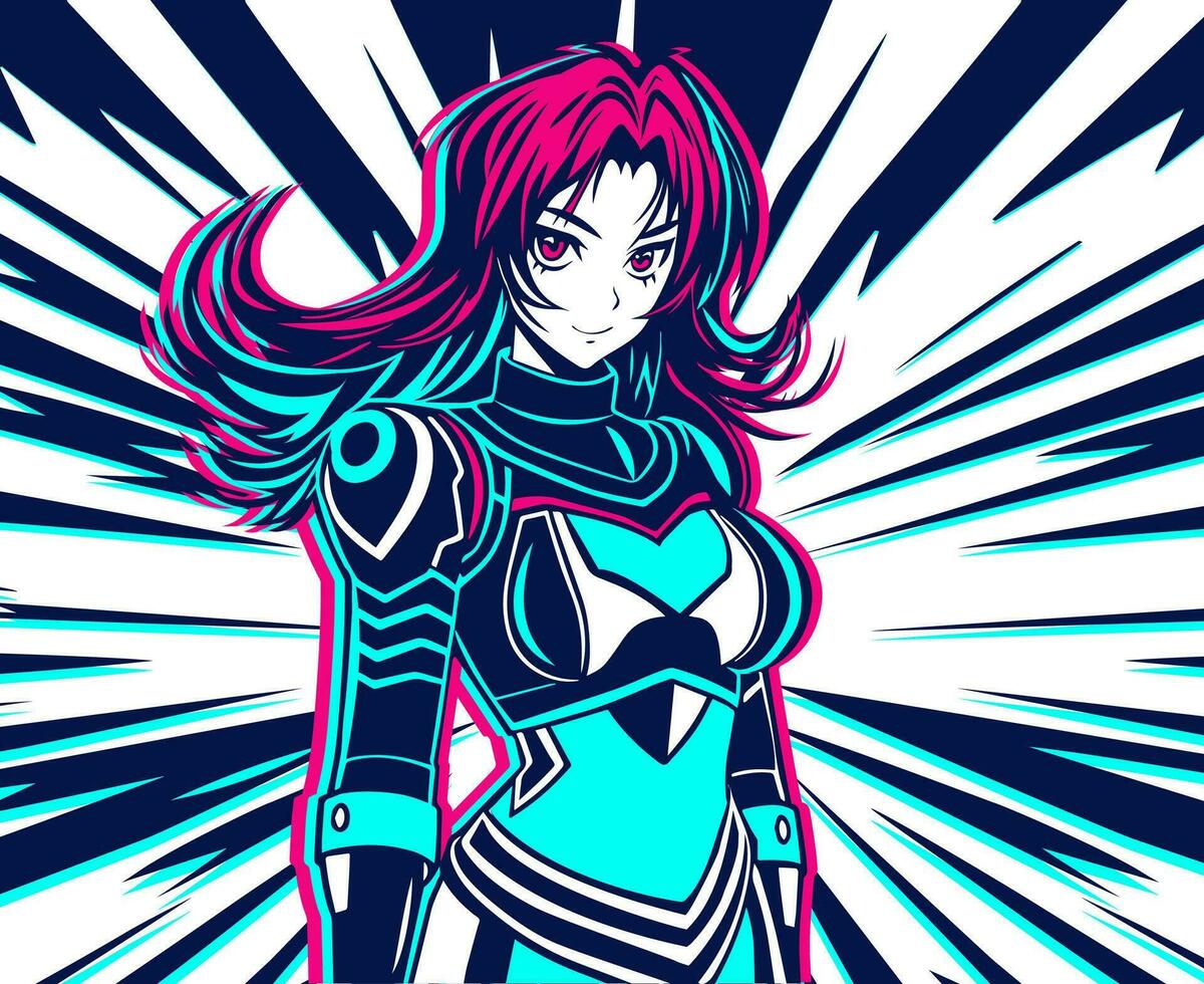 anime flicka i avancerad rustning, cyborg kostym, hjältinna mot de bakgrund av strålar av ljus, energi, explosion. vektor