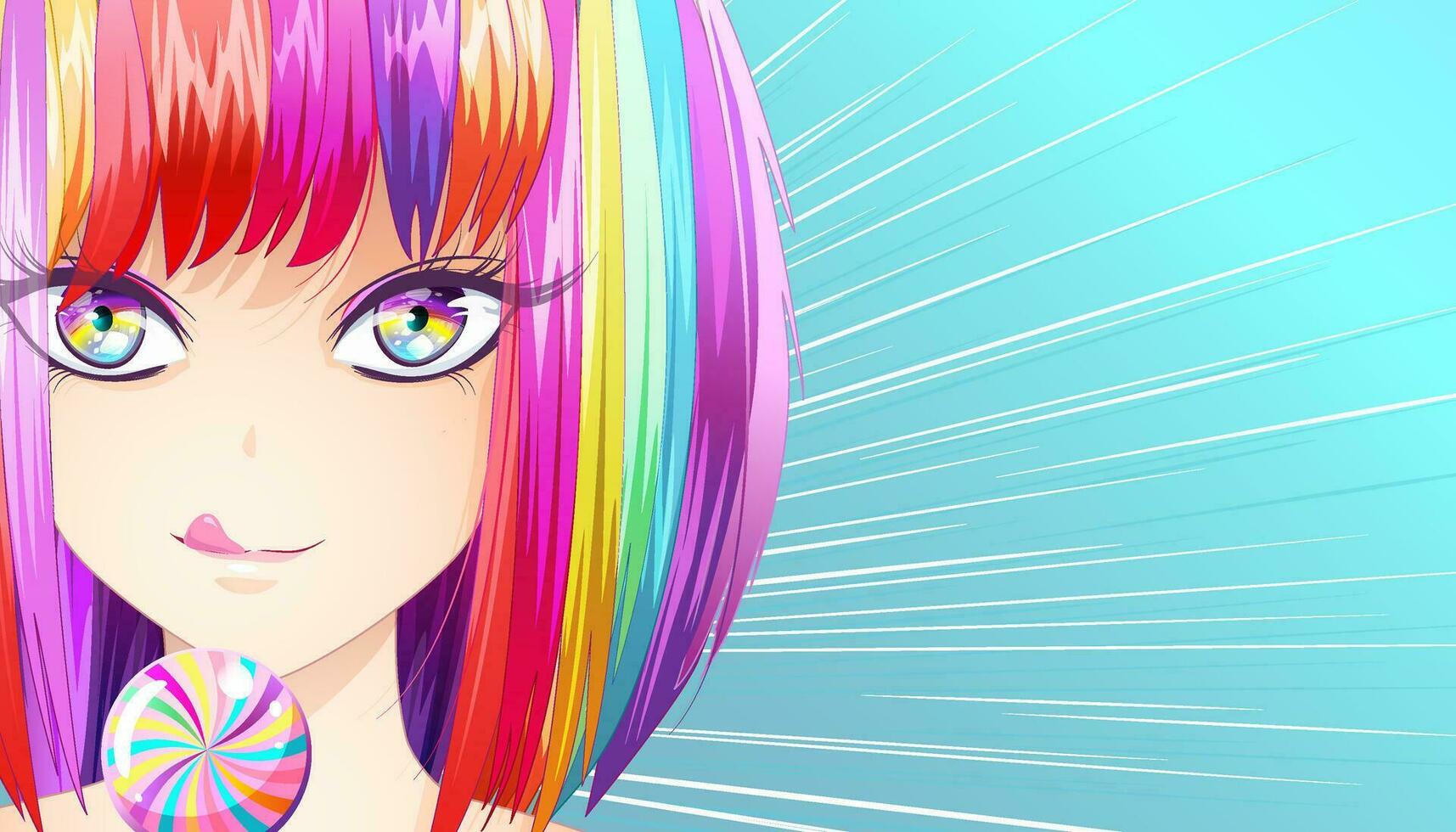 ljuv flicka med regnbågefärgad hår och blå ögon från som regnbågefärgad tårar flöde. vektor