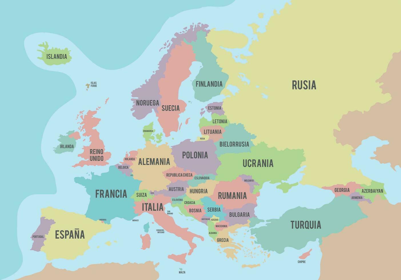 politisch Karte von Europa mit anders Farben zum jeder Land und Namen im Spanisch. Vektor Illustration.