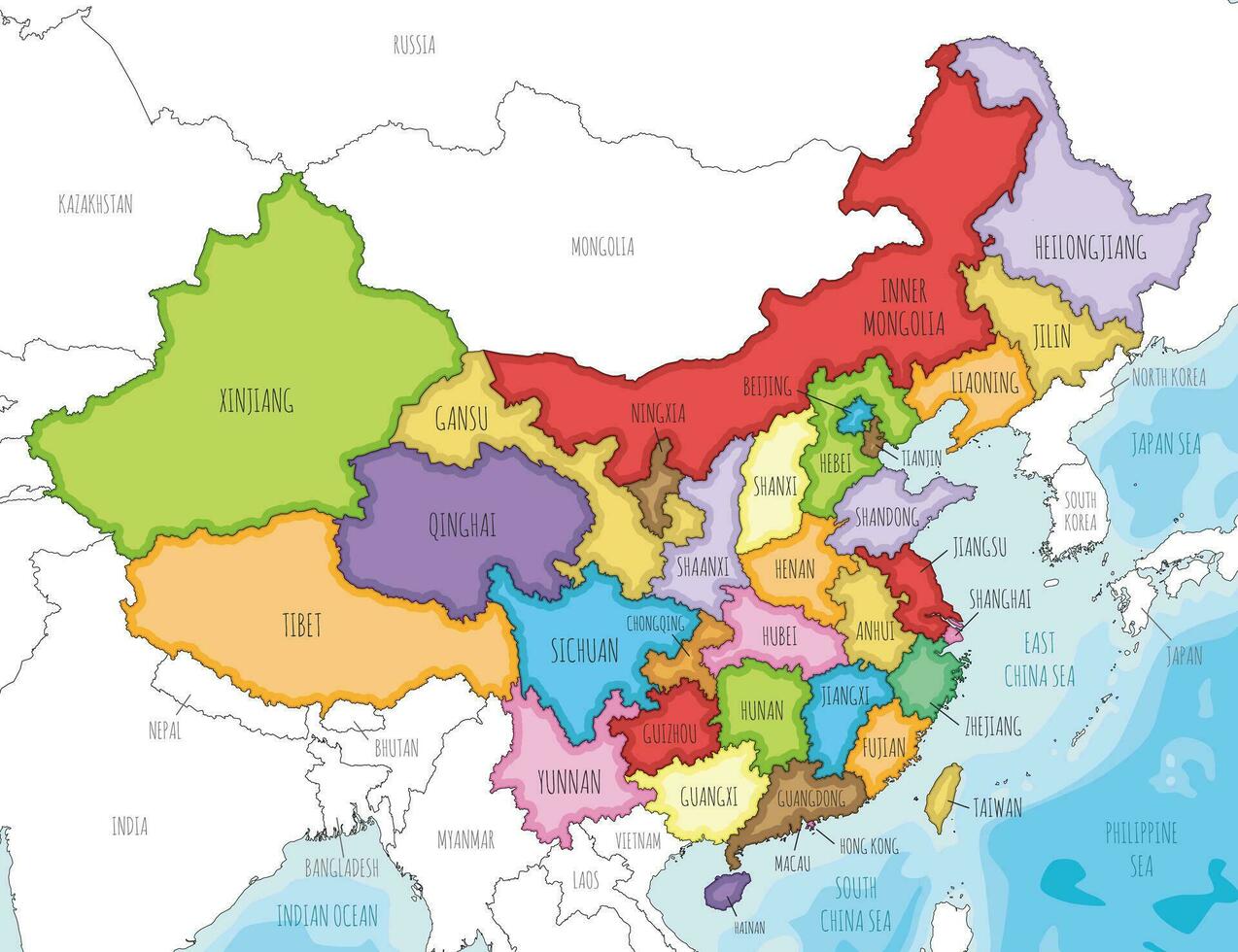 vektor illustrerade Karta av Kina med provinser, regioner och administrativ divisioner, och angränsande länder. redigerbar och klart märkt skikten.