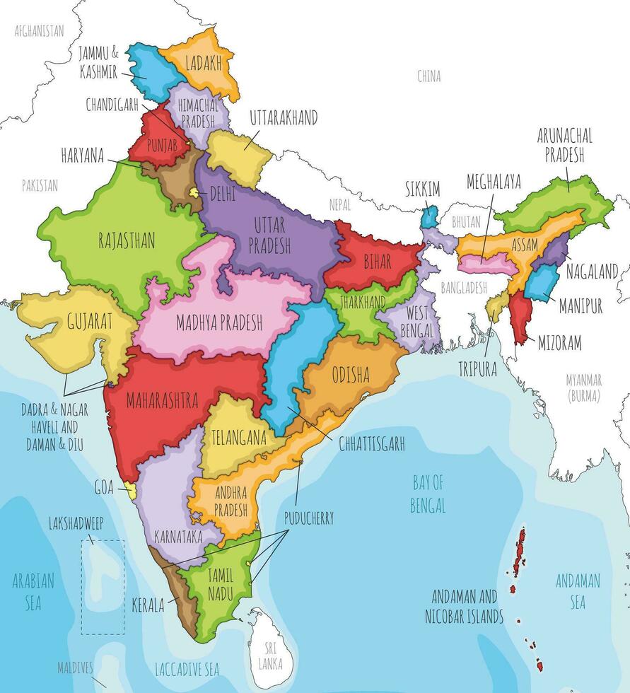 vektor illustrerade Karta av Indien med stater och områden och administrativ divisioner, och angränsande länder. redigerbar och klart märkt skikten.