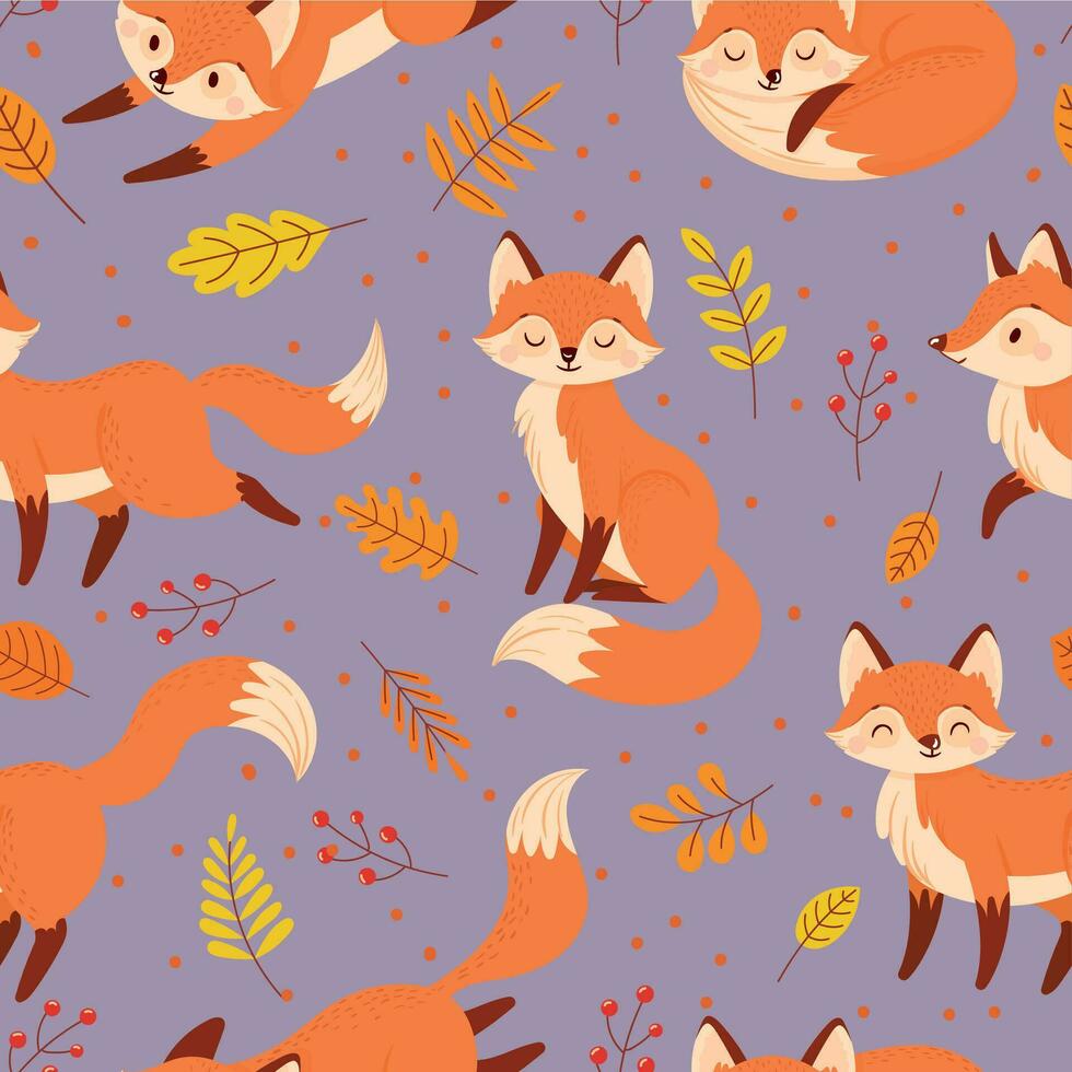 sömlös rävar mönster. höst räv, söt orange djur- tecknad serie vektor illustration