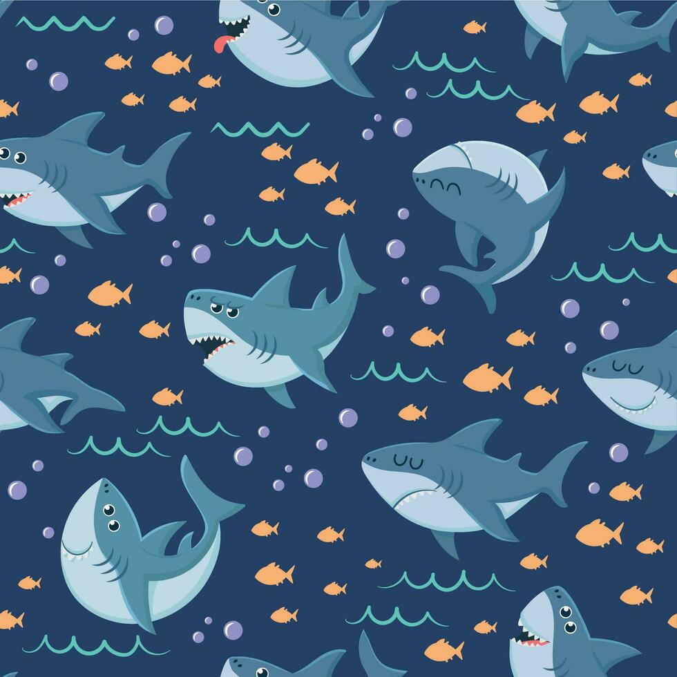 tecknad serie hajar mönster. sömlös hav simma, marin haj och hav under vattnet vektor bakgrund