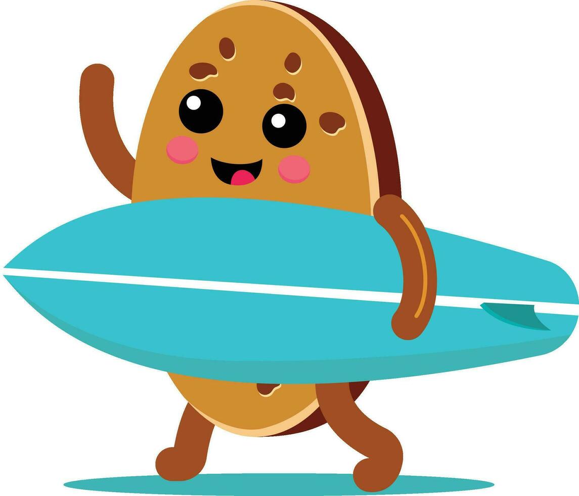 glücklich Plätzchen Charakter mit ein Surfen Tafel Gehen auf das Strand eben Stil Vektor Bild