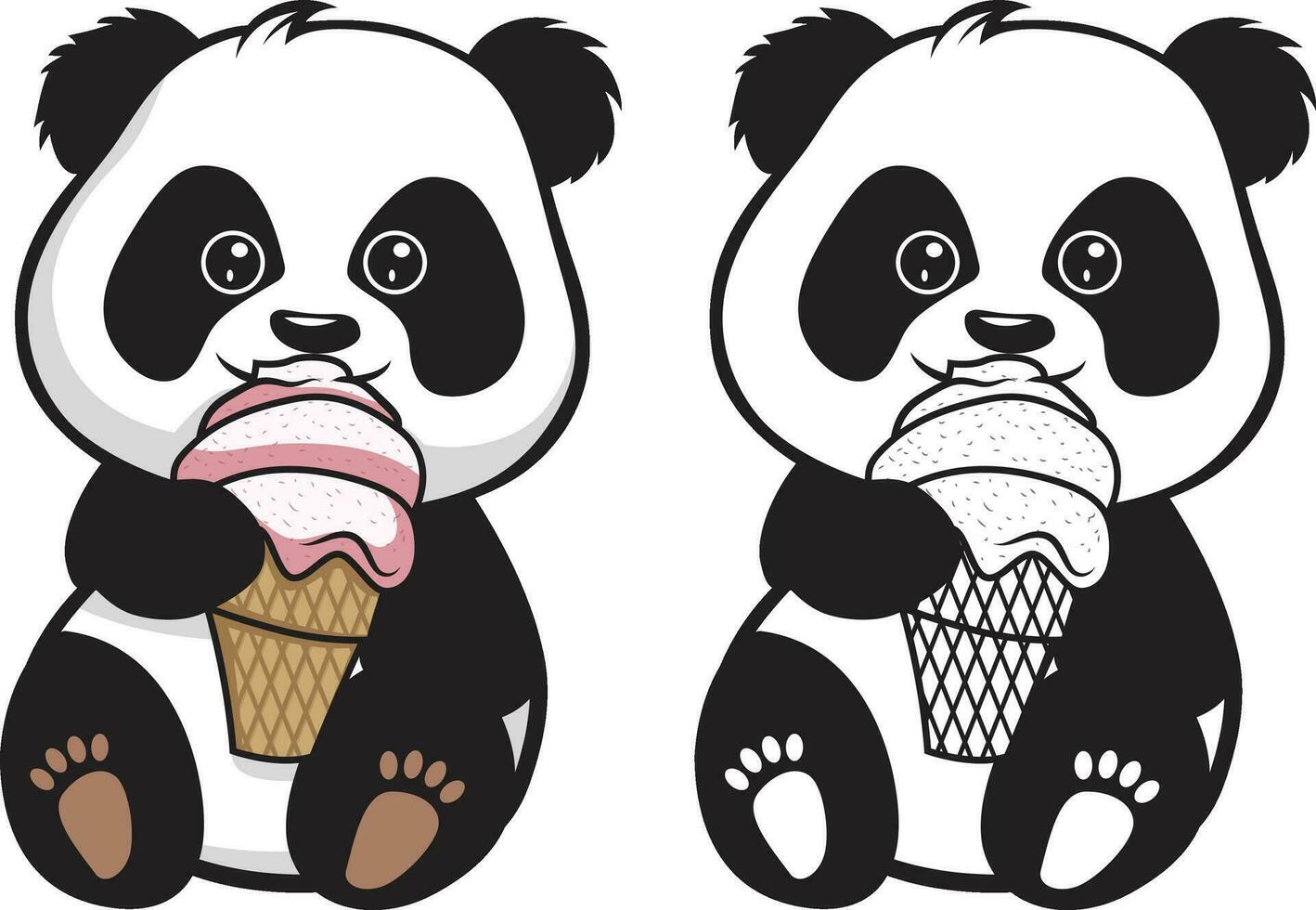 süß Baby Panda Essen Eis Sahne Vektor Illustration , Panda Bär Essen Eis Sahne Kegel farbig und schwarz und Weiß Vektor Bild