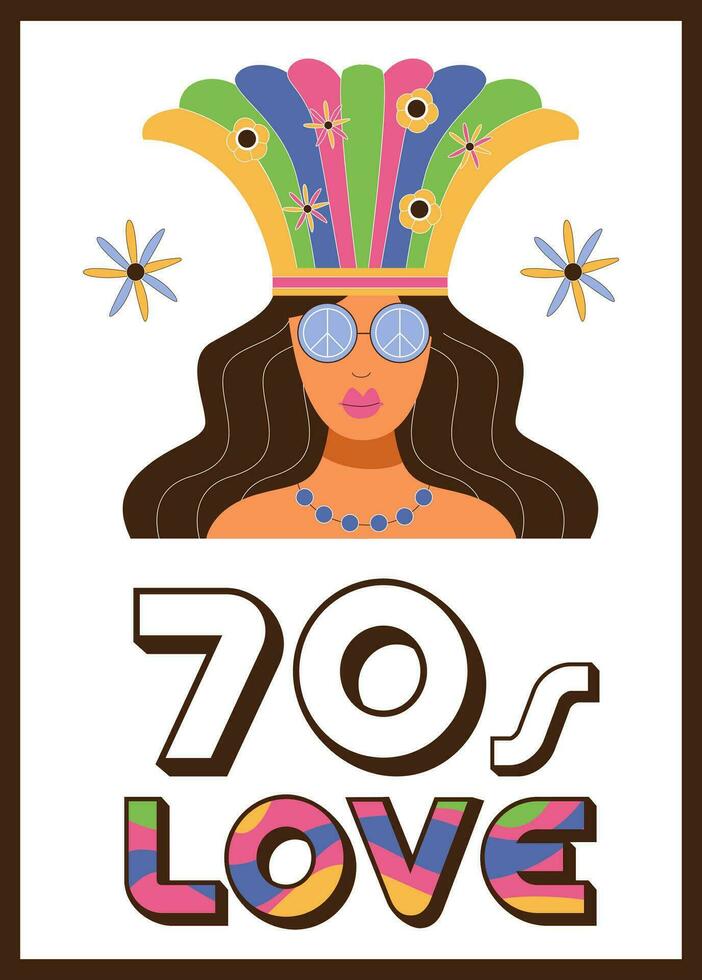 70s stil affisch med häftig retro vektor illustration av kvinna i glasögon med fred tecken och regnbåge. 70s kärlek text.