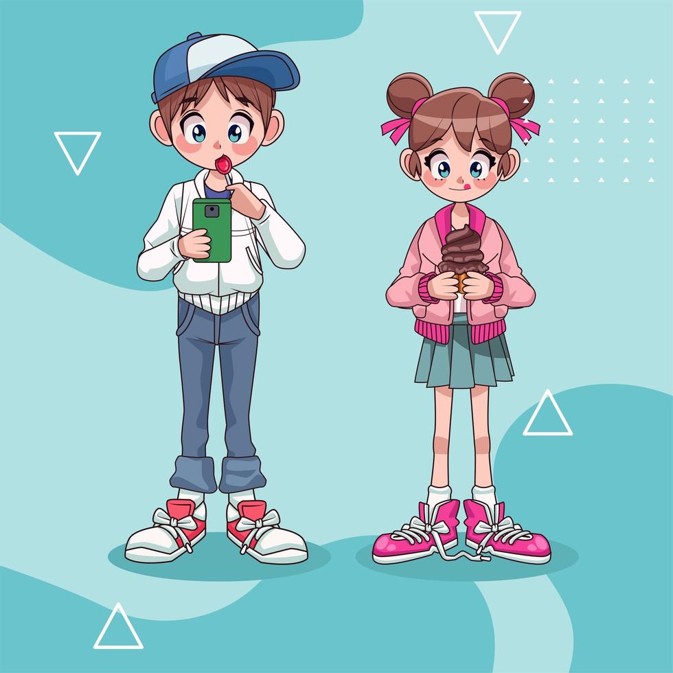 junge Teenager-Paar mit Smartphone- und Cupcake-Anime-Charakteren vektor