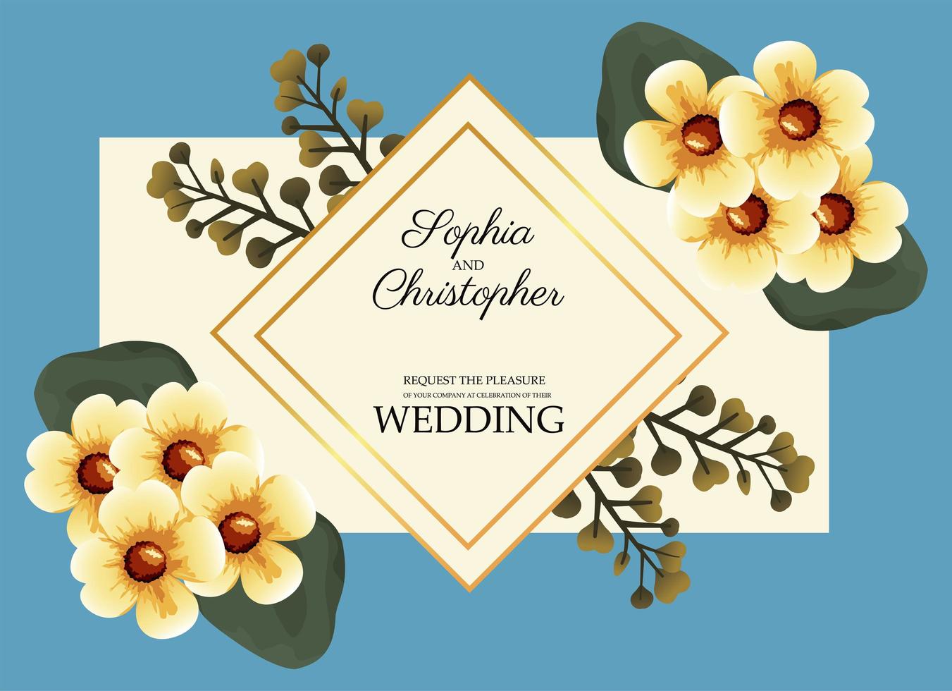 bröllopinbjudankort med gula blommor och gyllene ram vektor