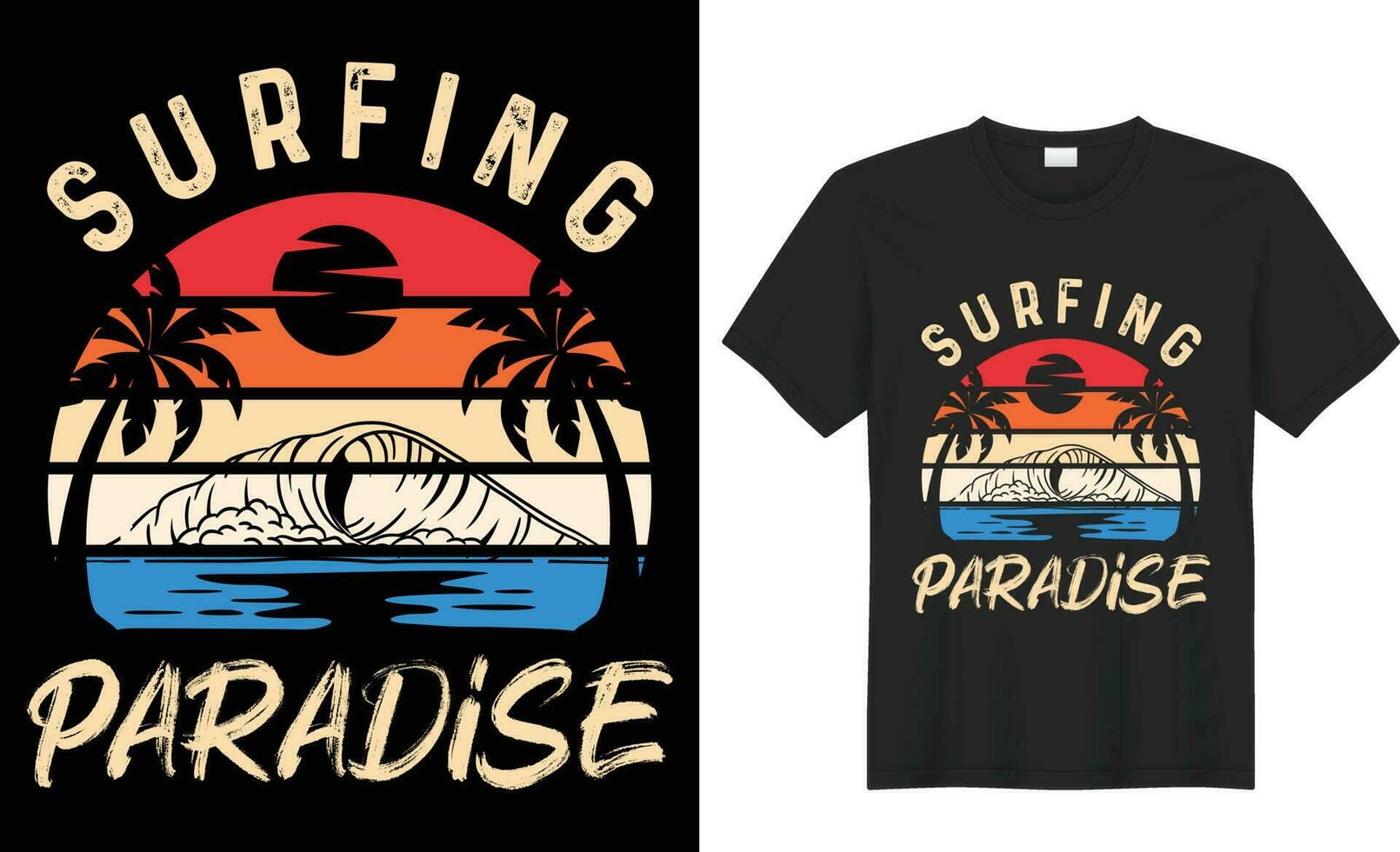 Sommer- T-Shirt Design. Sommer- Paradies, Surfen Paradies, Pause das Wellen, Meer Strand, Kalifornien Strand, Santa Monica Strand mit Palme Bäume Silhouetten, Typografie, drucken, Vektor Illustration.global Farbfelder.