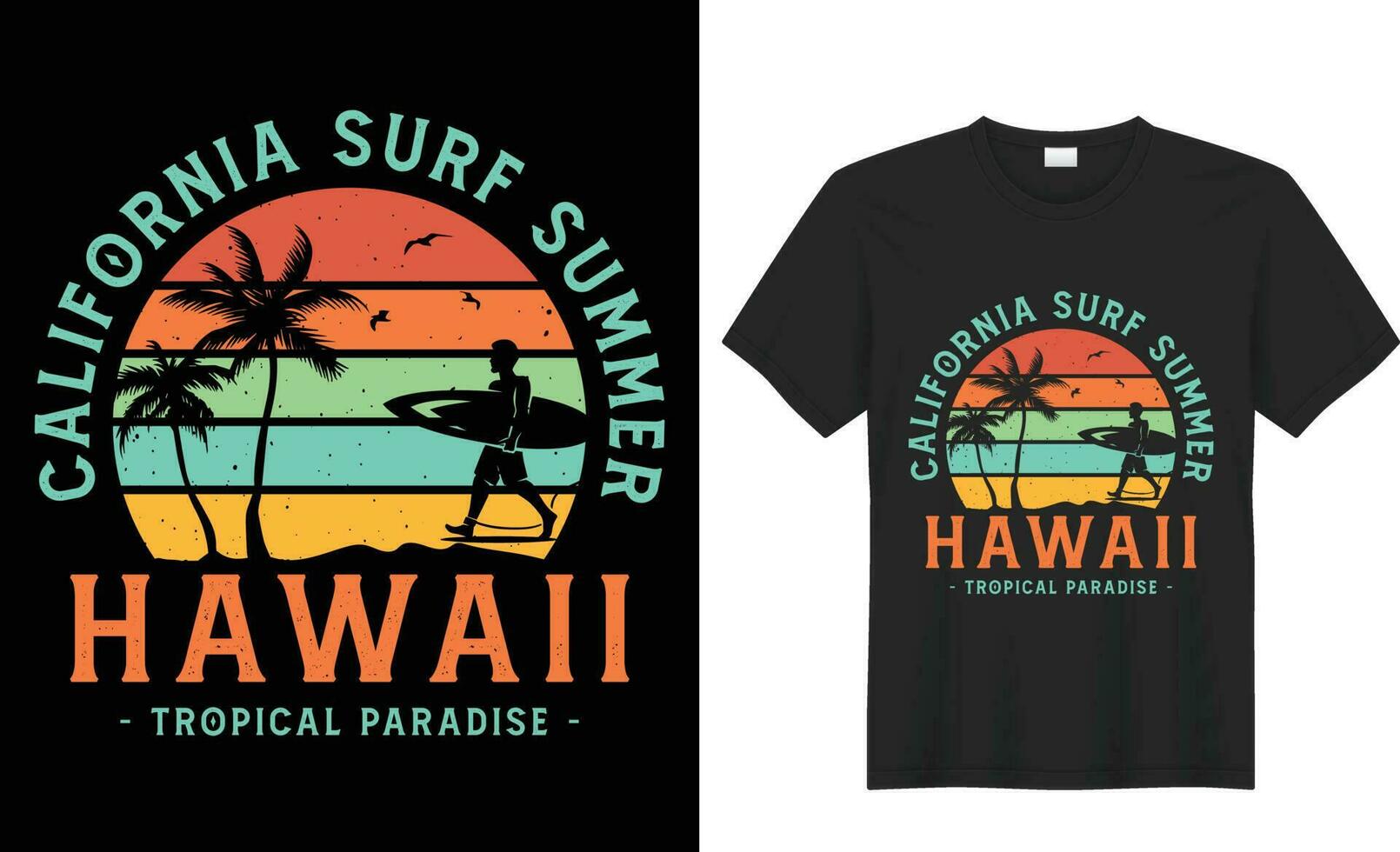 sommar t-shirt design. sommar paradis, surfa paradis, bryta de vågor, hav stranden, Kalifornien strand, santa monica strand med handflatan träd silhuetter, typografi, skriva ut, vektor illustration.global swatches.