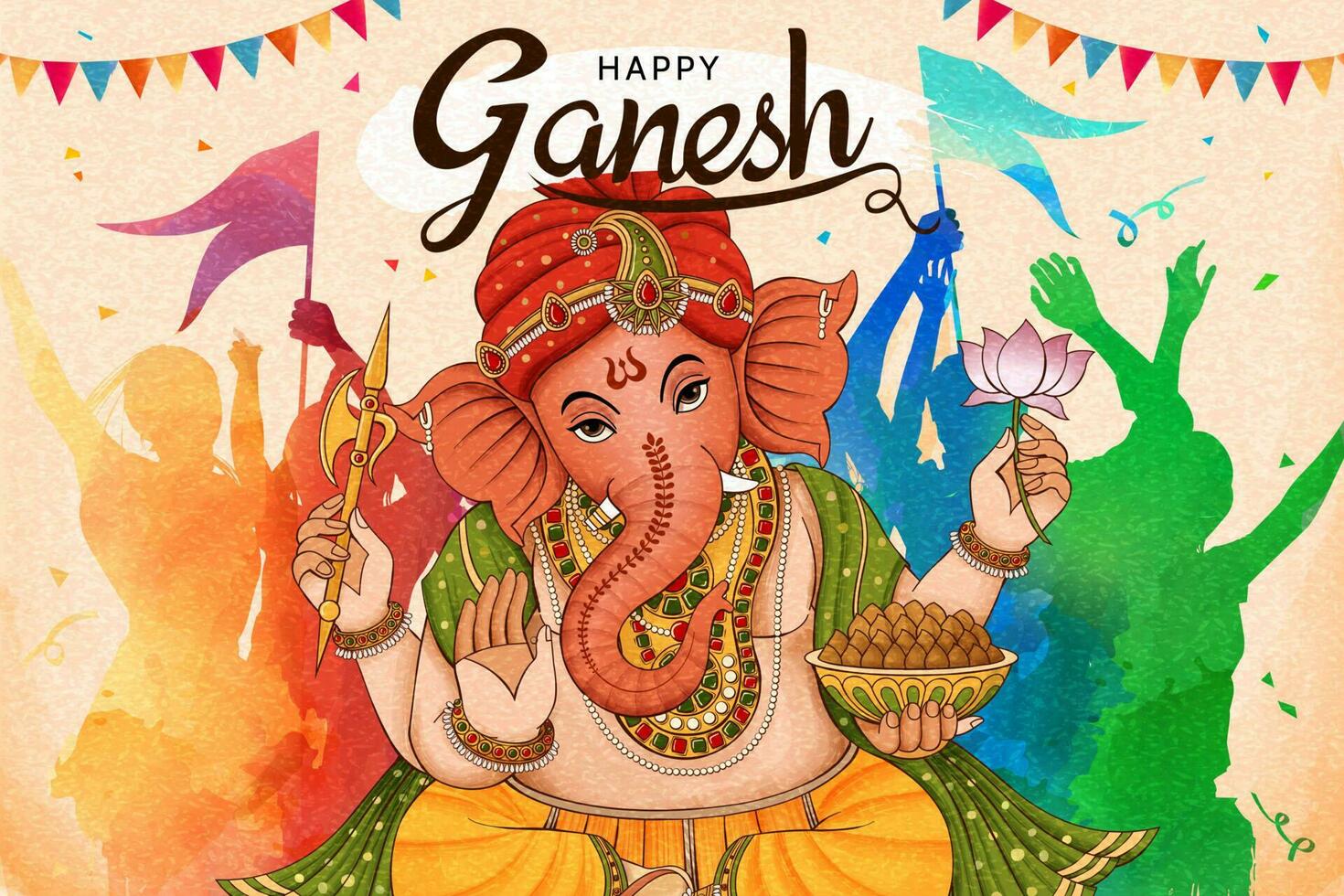 glücklich Ganesh Chaturthi Design mit Menschen Tanzen zusammen im bunt Ton vektor