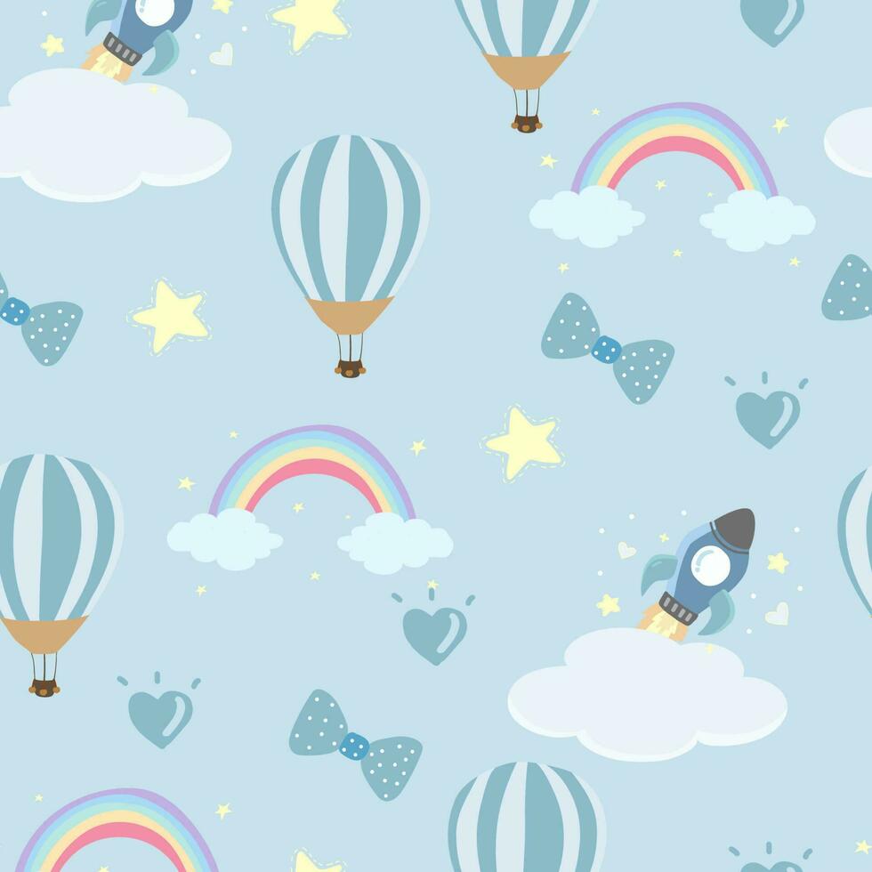 bebis dusch sömlös mönster för pojke med ballong, moln, himmel, elefant, sol vektor