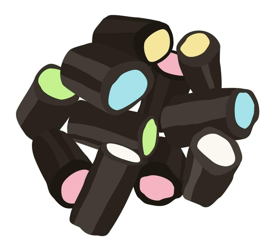 Lakritze. zylindrisch geformt Süßigkeiten mit anders Füllstoffe von verschiedene Farben. vektor
