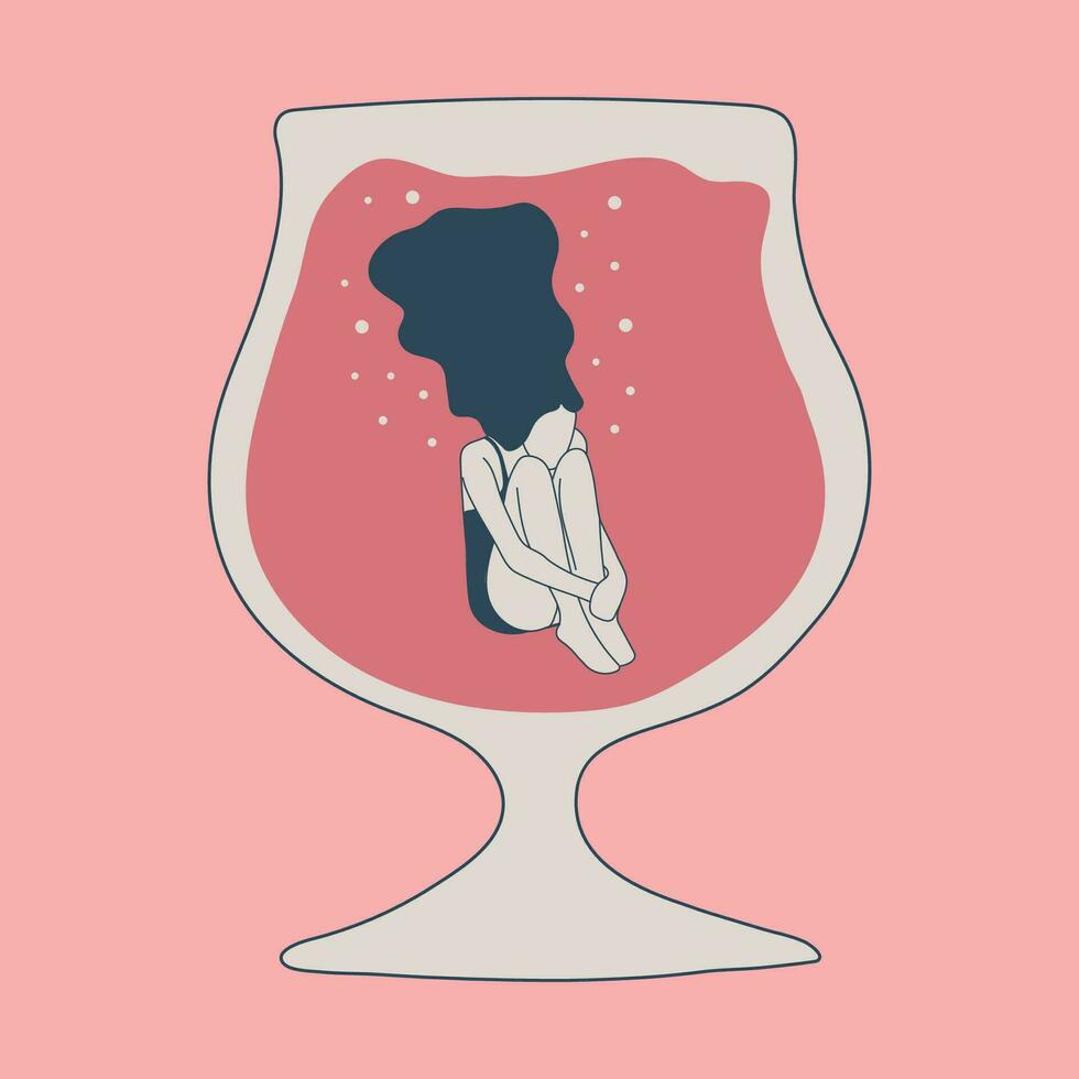 modisch weiblich Zeichen Schwimmen Springen in das Glas.Menschen Leiden von schwer Trinken. Konzept Illustration mit deprimiert Zeichen sinken im verschiedene Alkohol Brille. vektor