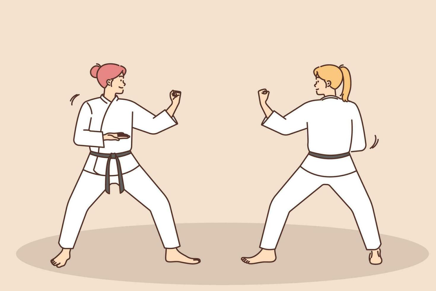 Frauen im Weiß Uniform trainieren Judo Kampf. Frauen beschäftigt, verlobt im kriegerisch Kunst Ausbildung. Sport und Hobby Konzept. Vektor Illustration.