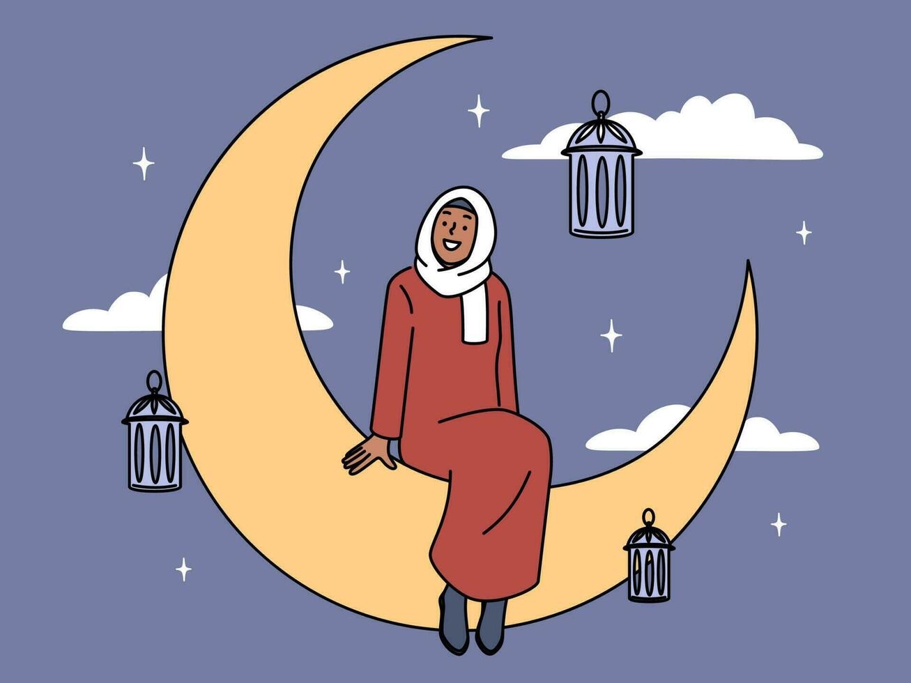 lächelnd Muslim Frau Sitzung auf Mond feiern Ramadan karem. glücklich weiblich im Hijab Gruß Ramadan. Kultur und Religion. Vektor Illustration.