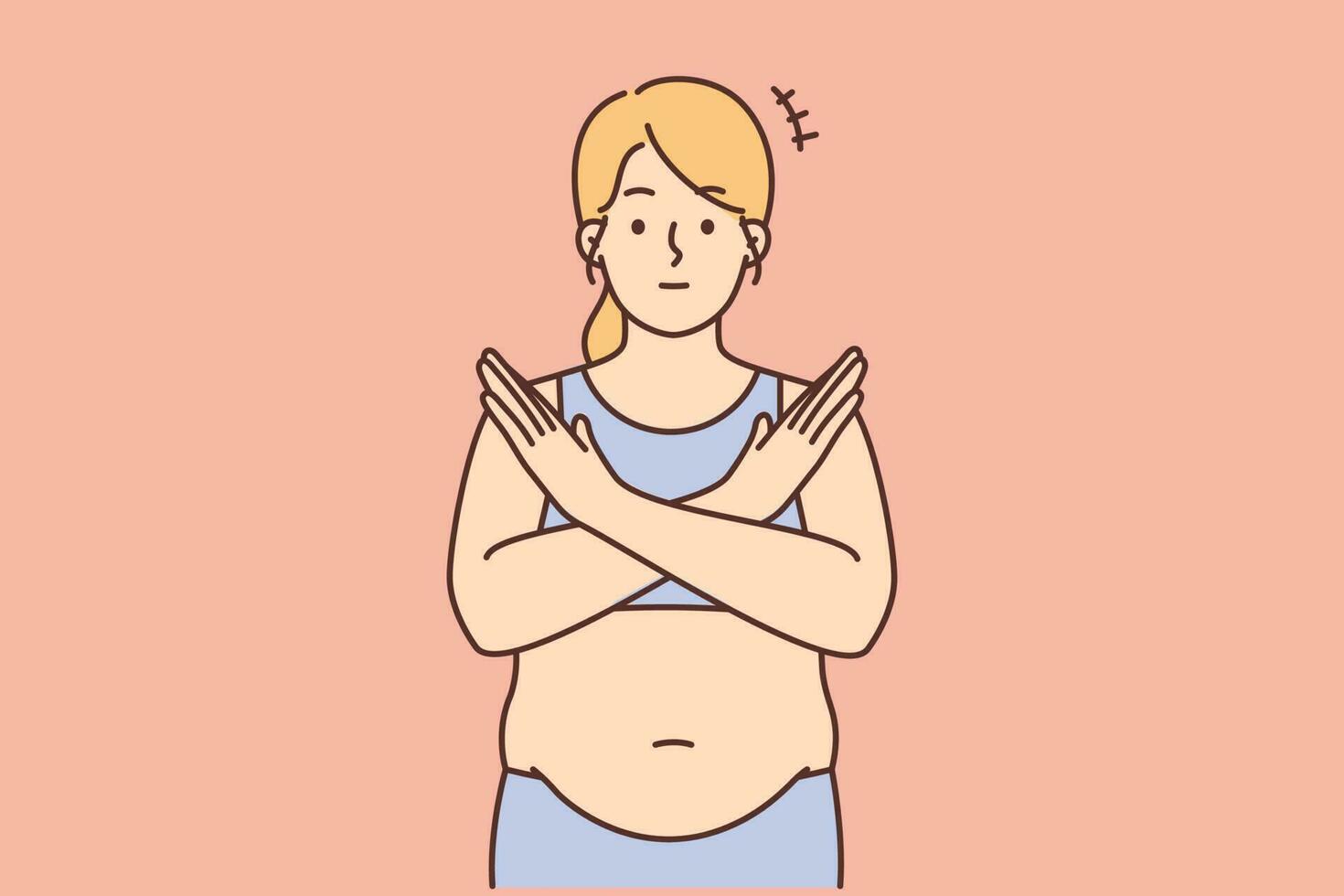 Übergewicht jung Frau Show Nein Hand Geste zu halt Essen. entscheidend Fett weiblich sich weigern von Überessen verlieren Gewicht. Diät und Ernährung. Körper Pflege. Vektor Illustration.