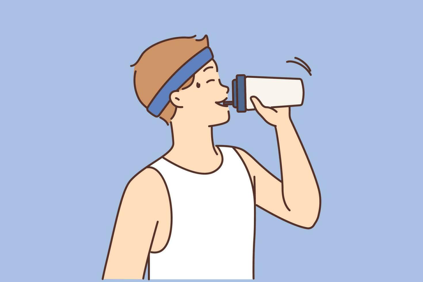 durstig jung Mann trinken Wasser müde nach Laufen oder trainieren. erschöpft Kerl genießen Getränk Ausbildung oder trainieren. Vektor Illustration.