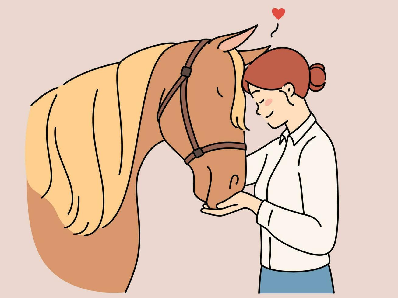 Lycklig ung kvinna kramas häst. leende flicka omfamning omfamning djur- på bruka visa kärlek och vård. vektor illustration.