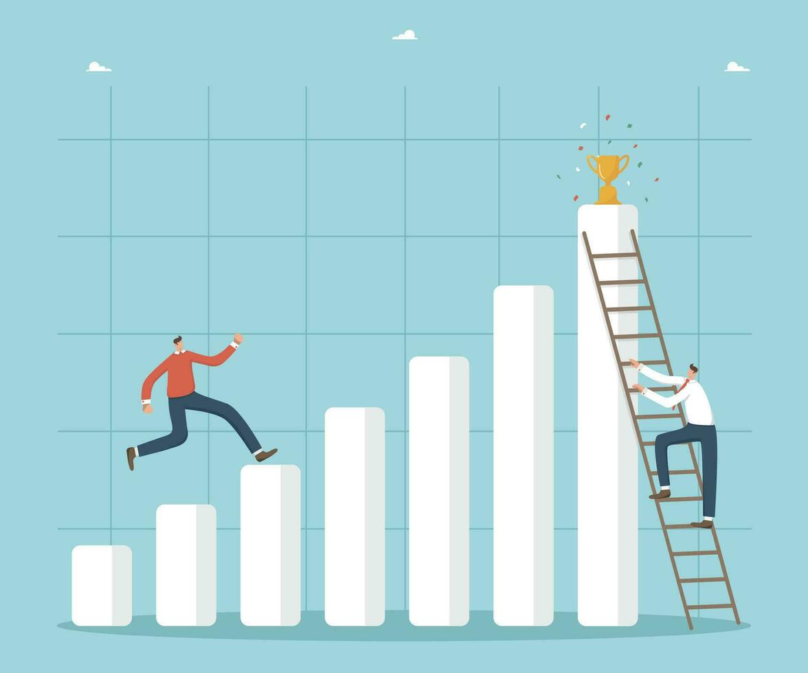 Wege und Methoden zu leisten Ziele, strategisch Planung zu leisten Ziele, Wachstum und Entwicklung Wege, Geschäft Analyse und Vision, zwei Geschäftsleute erreichen das oben von das Graph und Tasse im anders Wege vektor