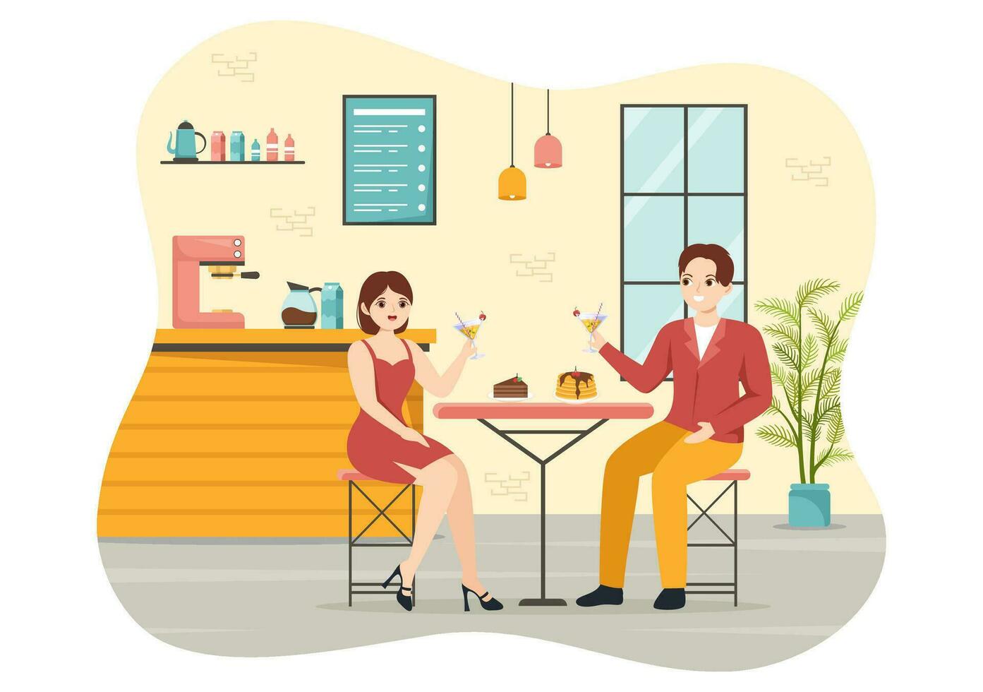 Cafe Vektor Illustration von Innere mit Bar Stand, Tabelle und Sessel im eben Karikatur Hand gezeichnet Landung Seite Restaurant Hintergrund Vorlagen