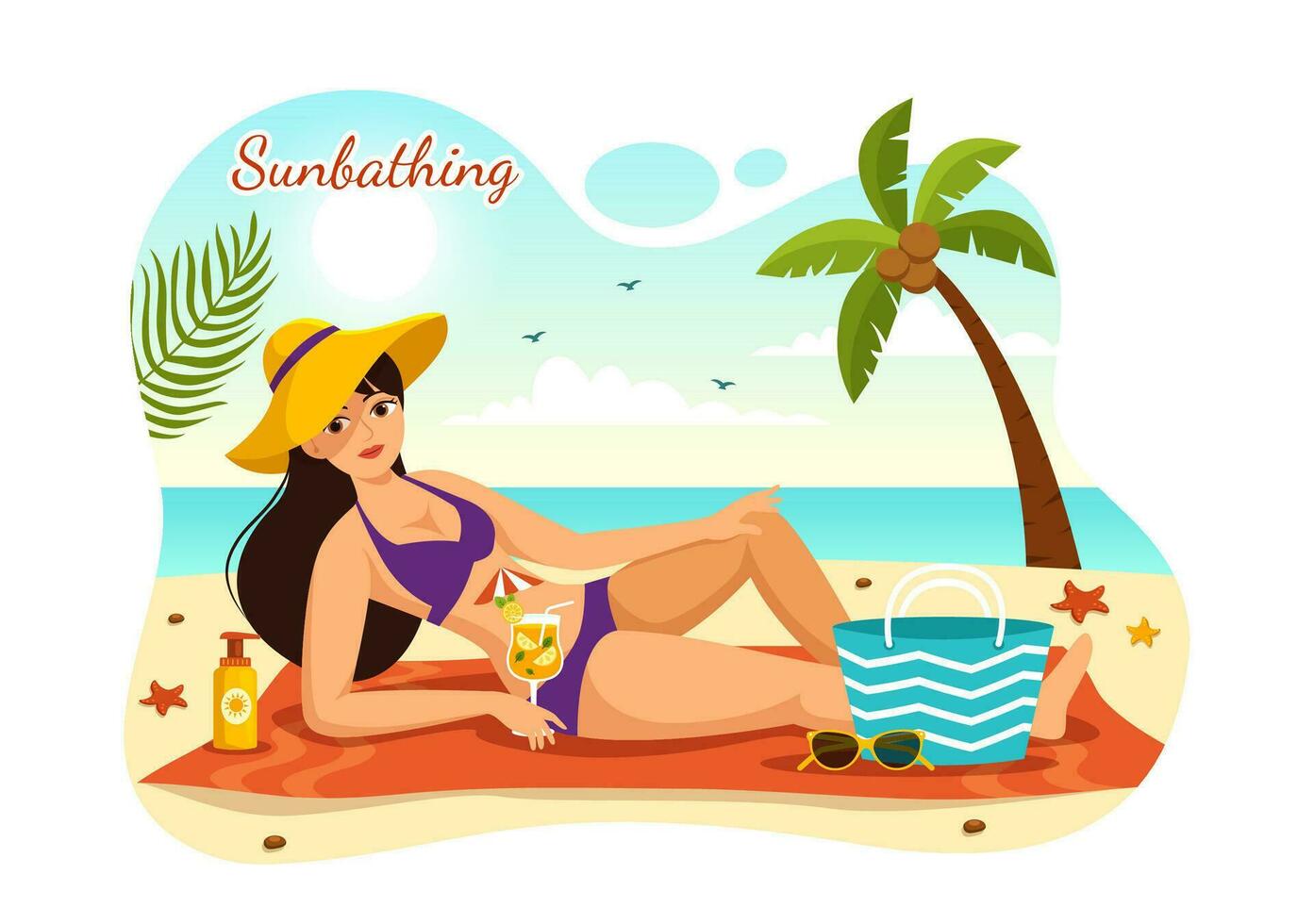 solbad vektor illustration av människor liggande på schäs vardagsrum och avkopplande på strand sommar högtider i platt tecknad serie hand dragen mallar
