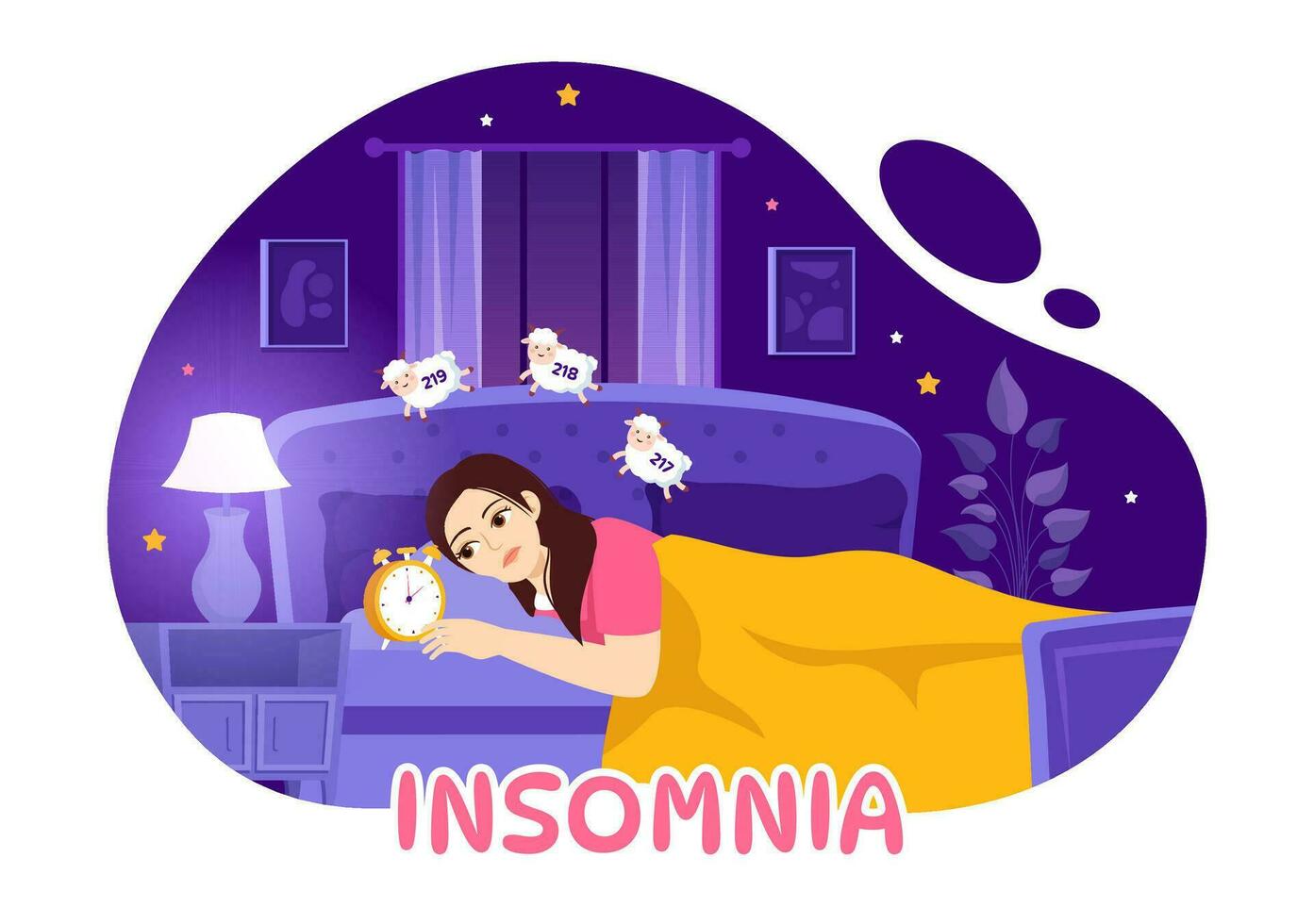Schlaflosigkeit Vektor Illustration mit jung Menschen unfähig zu schlafen, Denken und Augen öffnen beim Nacht Schlafzimmer im eben Karikatur Hand gezeichnet Vorlagen