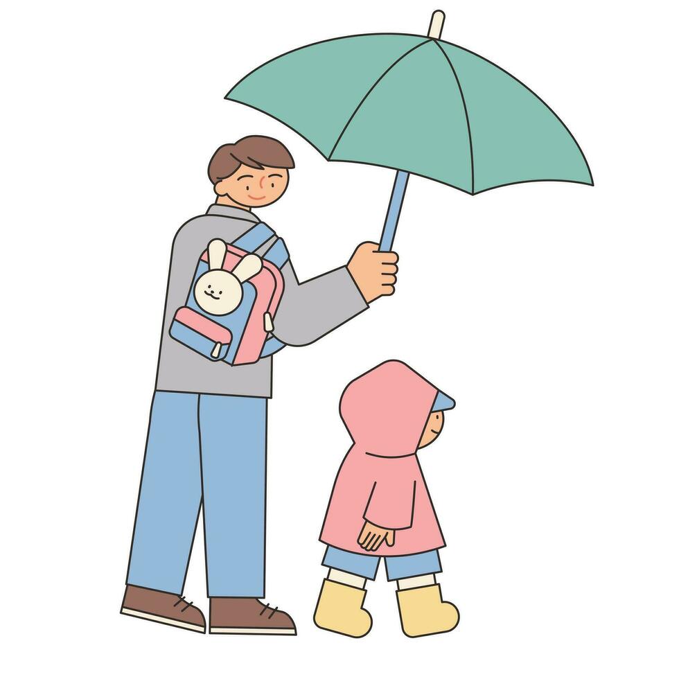 sätt till skola. hans pappa är innehav ett paraply för hans liten son på en regnig dag. enkel illustration med konturer. vektor