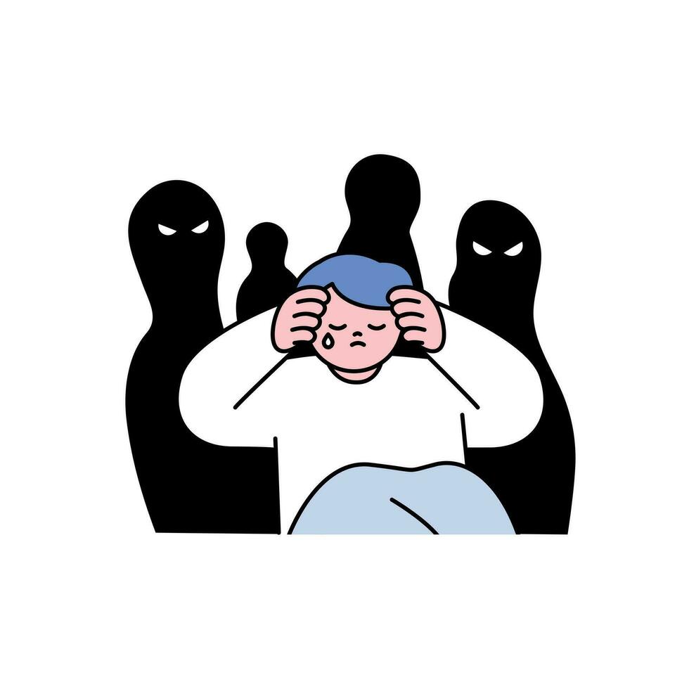 ein Person Abdeckungen seine Kopf mit seine Hände und ist traurig. das Silhouette von ein Mann hinter ihm ist Aufpassen mit Vorwurf. Gliederung einfach Vektor Illustration.