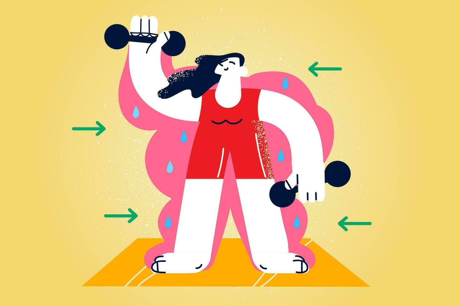 glücklich Frau im Sportbekleidung tun Sport Aufzug Hanteln verlieren Gewicht und Diät. lächelnd weiblich Übung Zug zum gesund getönt Körper Figur. Gewichtsverlust und physisch Aktivität. eben Vektor Illustration.