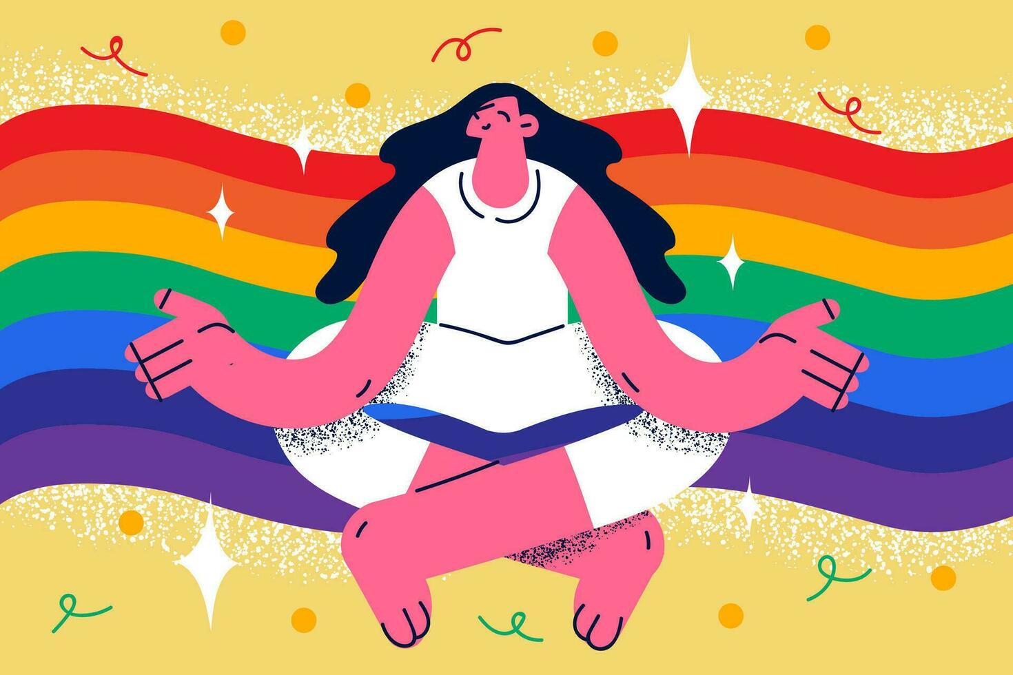 glücklich jung Frau sitzen im Lotus Pose meditieren trainieren Yoga mit Regenbogen auf Hintergrund. Ruhe weiblich Gefühl entspannt froh, haben gut emotional und mental Gesundheit. eben Vektor Illustration.