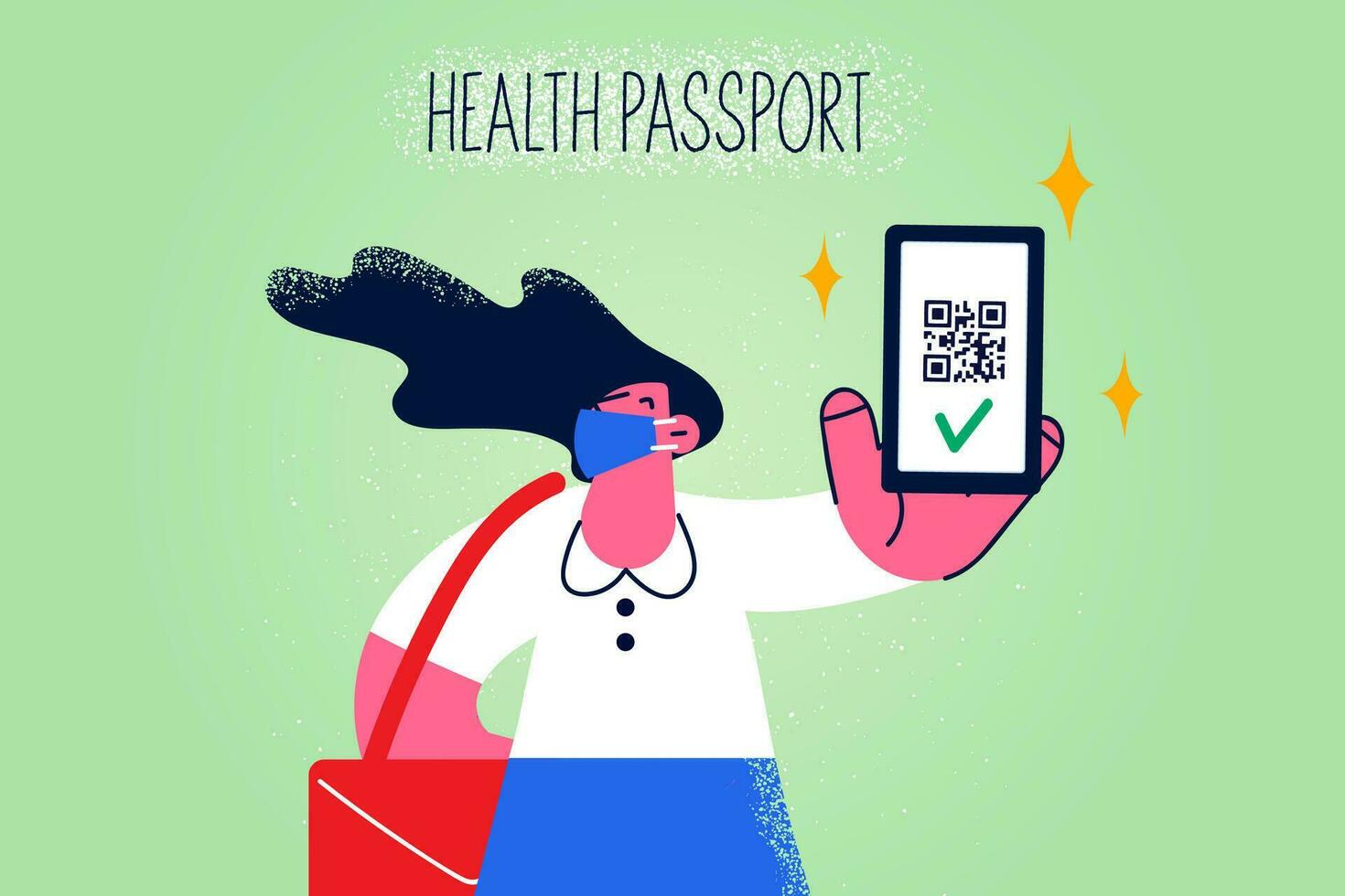 ung kvinna i munskydd håll smartphone visa covid-19 digital certifikat på grej. kvinna i ansiktsbehandling mask demonstrera vaccination pass på mobiltelefon. korona virus. fla vektor illustration.