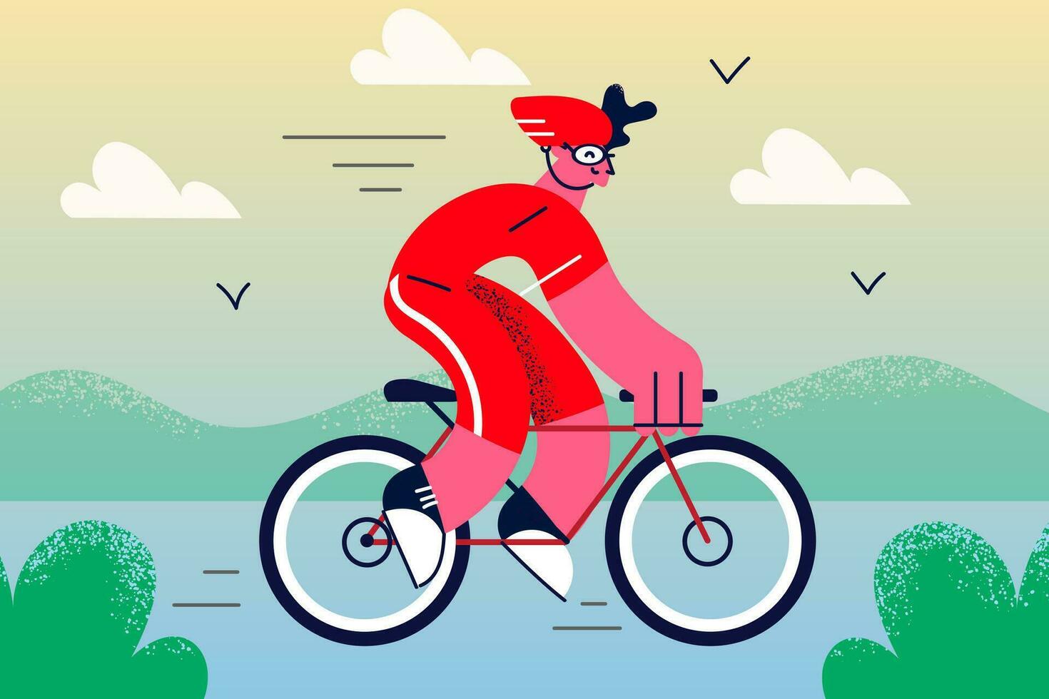 jung Mann Radfahrer im sportlich Uniform und Helm Reiten Fahrrad bereiten zum Sport Wettbewerb oder Tour. männlich Biker Zug Übung auf Fahrrad draußen, erhalten bereit zum Wettrennen. aktiv Leben. Vektor Illustration.