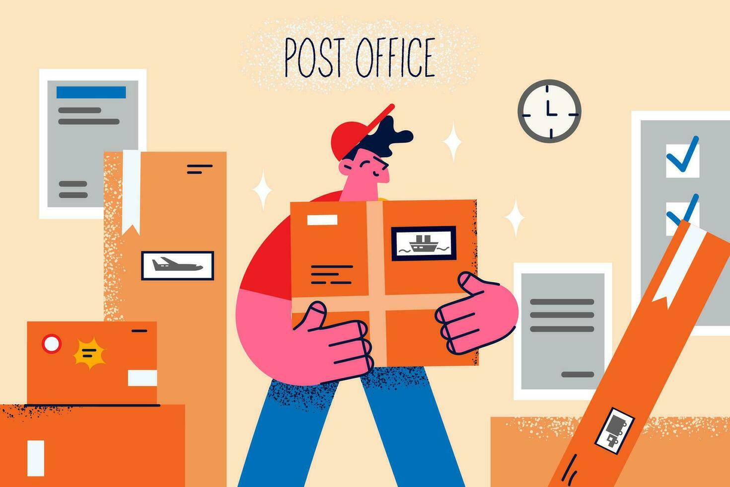 lächelnd Mann Lieferant halt Paket Arbeit im Post Büro mit Klient Aufträge. glücklich männlich Kurier oder Soldat prüfen Spur Pakete. gut ausdrücken Lieferung Service. Vektor Illustration.