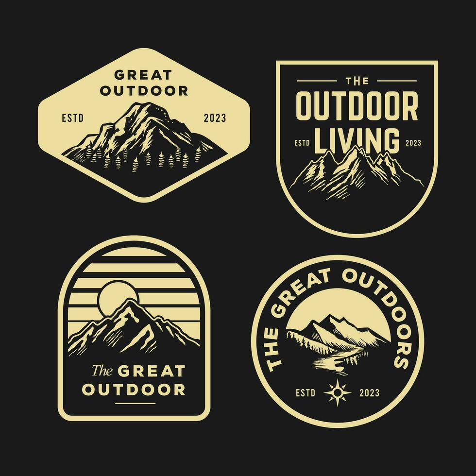 Set-Sammlung von Vintage-Abenteuer-Abzeichen. Camping-Emblem-Logo mit Bergillustration im Retro-Hipster-Stil vektor