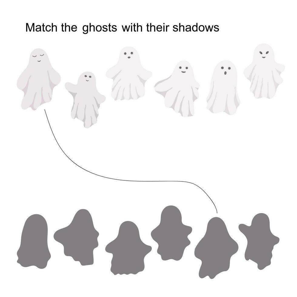 halloween spöken och deras skuggor matchande spel, barn aktiviteter tryckbar arbetsblad, pedagogisk pussel vektor illustration