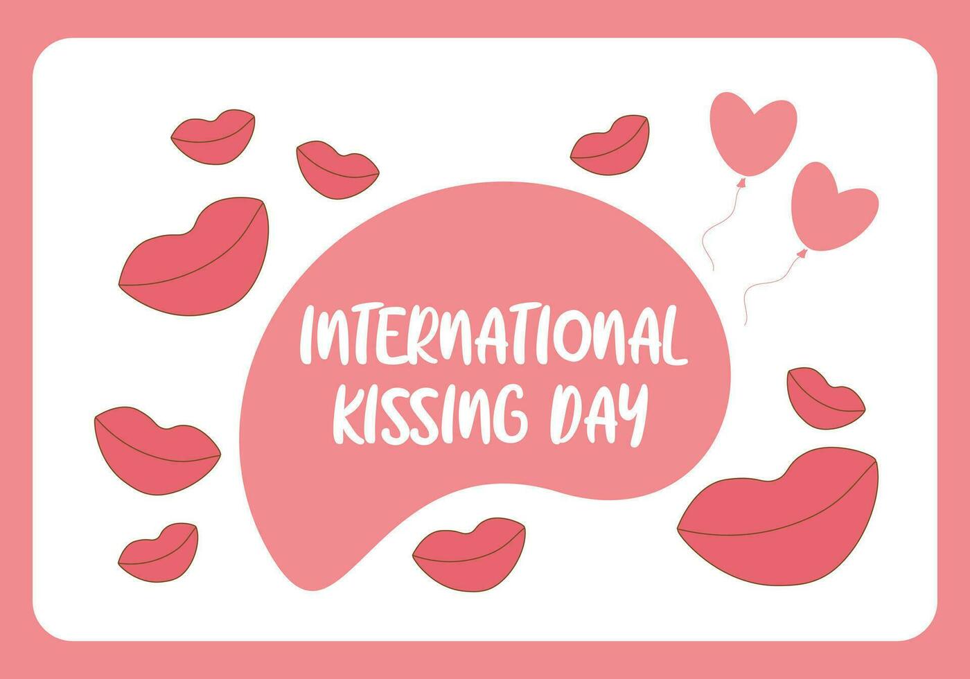 vektor illustration festlig kort för internationell kissing dag - rosa mun, hjärta formad ballonger och inskrift