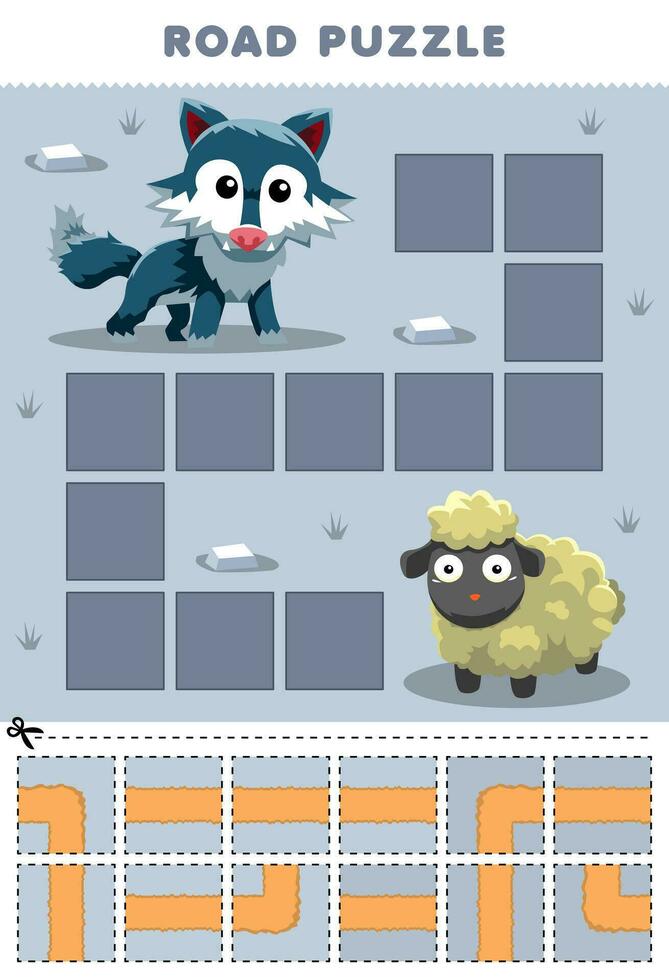 Bildung Spiel zum Kinder Straße Puzzle Hilfe Wolf Bewegung zu Schaf druckbar Tier Arbeitsblatt vektor