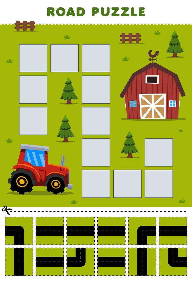 utbildning spel för barn väg pussel hjälp traktor flytta till ladugård tryckbar transport kalkylblad vektor