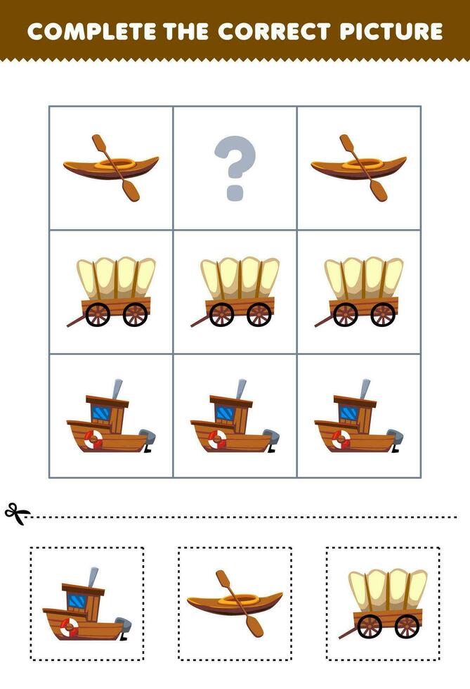 utbildning spel för barn till välja och komplett de korrekt bild av en söt tecknad serie båt kajak eller vagn tryckbar transport kalkylblad vektor